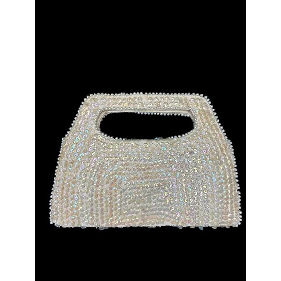 Vintage Debbie Sequined, Beaded And Pearled Small Purse in ivory, flap snap - Picture 2 of 4